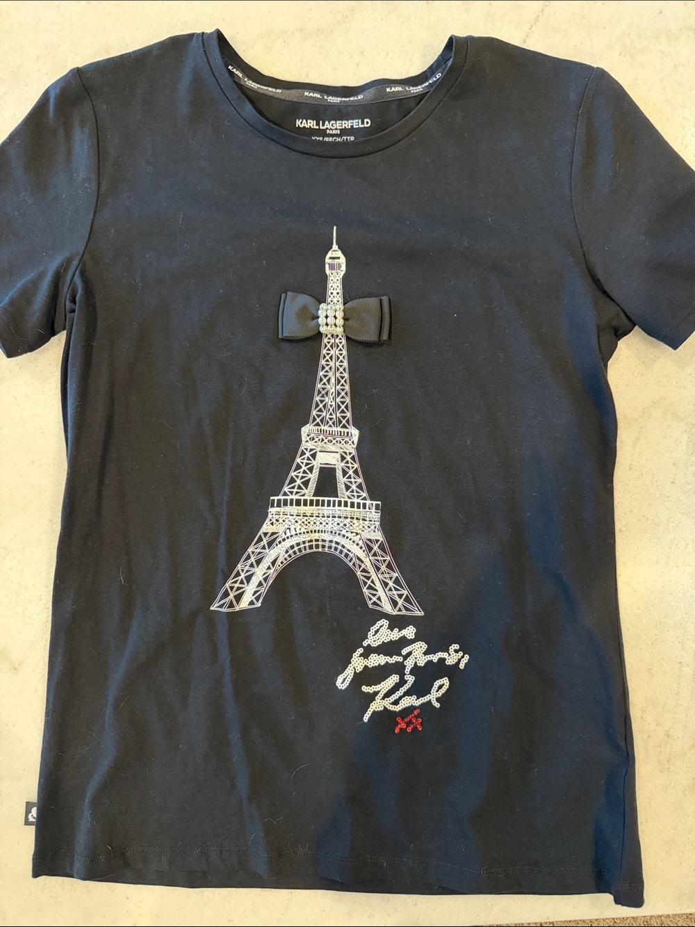 Karl Lagerfeld Black Eiffel Tower Tee with Bow Accent